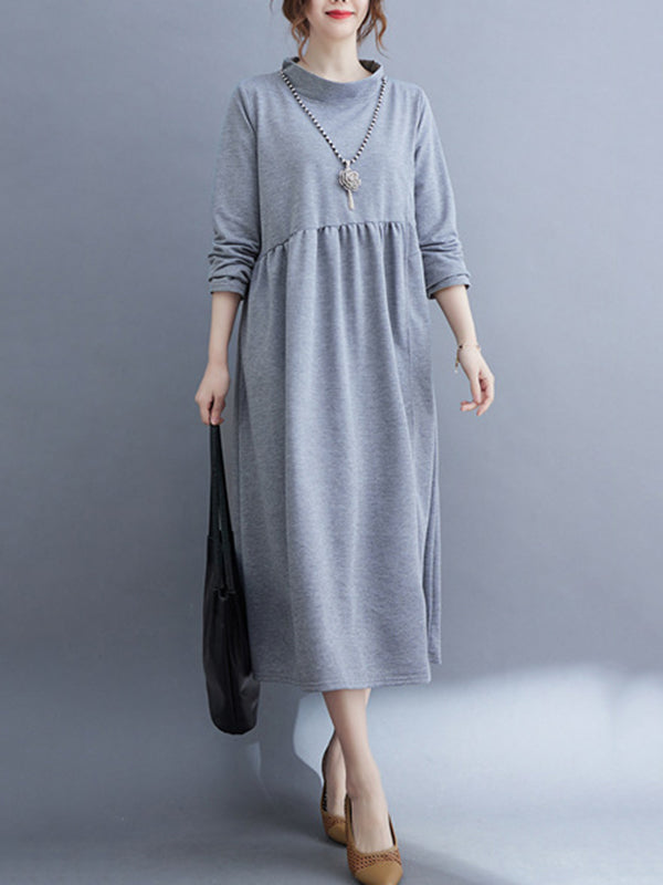 Casual Loose Long Sleeves Solid Color Stand Collar Midi Dresses