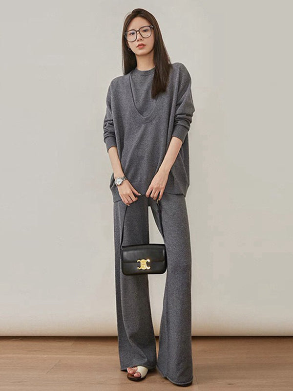 Urban Loose Solid Round-Neck Vest Top& V-Neck Sweater Tops& Wide Leg Pants Three-Piece Set