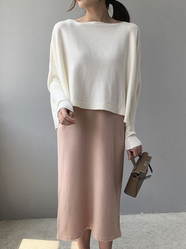 Solid Color Batwing Sleeves High-Low Boat Neck Sweater Pullovers Knitwear