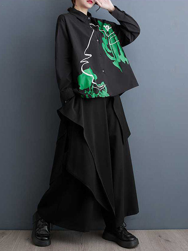Buttoned Printed High-Low Long Sleeves Lapel Blouses&Shirts Tops