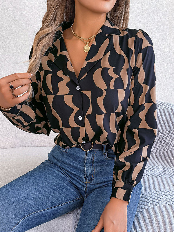 Buttoned Contrast Color Long Sleeves Notched Collar Blouses&Shirts Tops