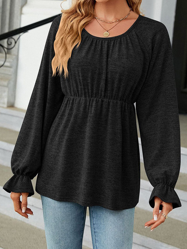 Elasticity Falbala Solid Color Long Sleeves Loose Round-Neck T-Shirts