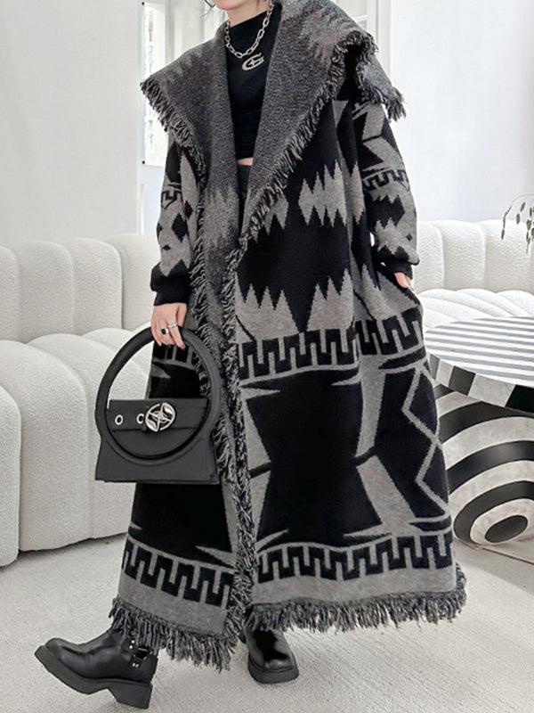 Contrast Color Tasseled Long Sleeves Loose Lapel Cardigan Coats