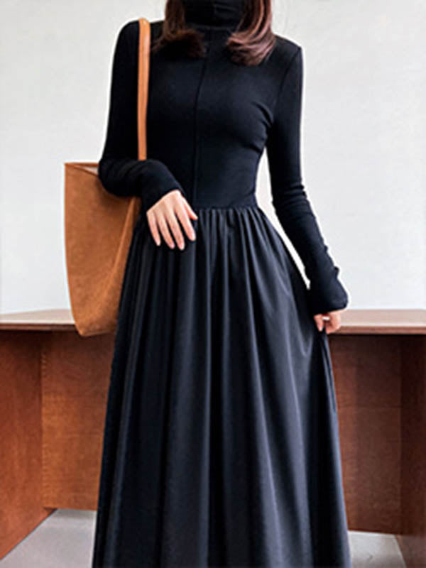Pleated Solid Color Split-Joint A-Line Long Sleeves Midi Dresses