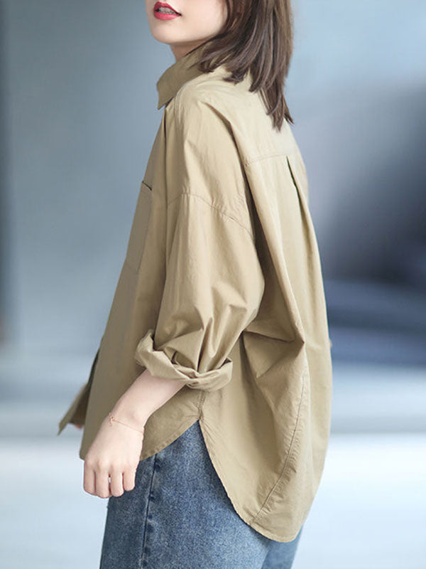 Solid Color High-low Long Sleeves Lapel Blouses&shirts Tops