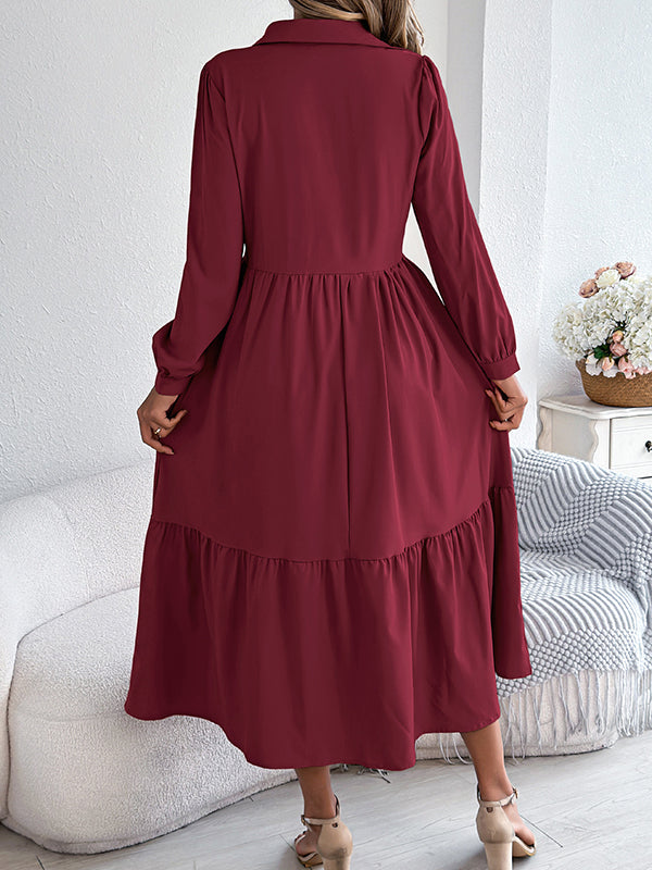Pleated Ruffled Solid Color High Waisted Long Sleeves Lapel Shirt Dress Midi Dresses