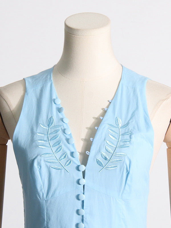 Buttoned Crochet Embroidered Hollow Solid Color Zipper High Waisted Sleeveless Deep V-Neck Maxi Dresses