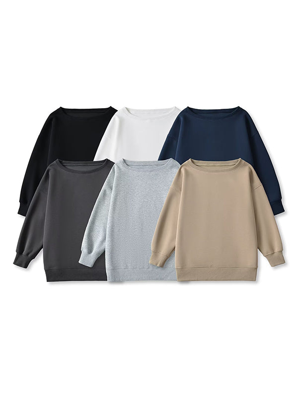 Solid Color Split-Joint Long Sleeves Loose Round-neck Sweatshirt Tops