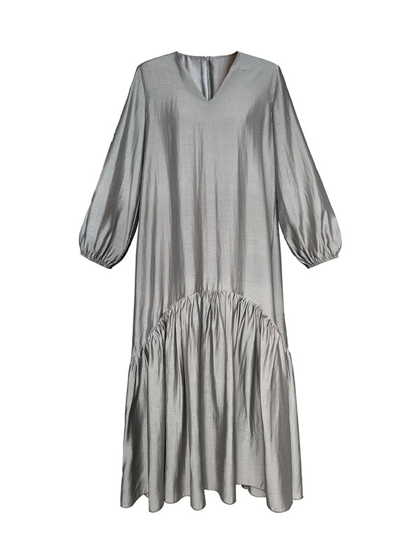 Elasticity Pleated Solid Color Split-Joint Zipper High Waisted Long Sleeves V-Neck Midi Dresses