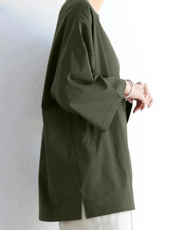 Solid Color Flared Sleeves Long Sleeves Round-Neck T-Shirts Tops