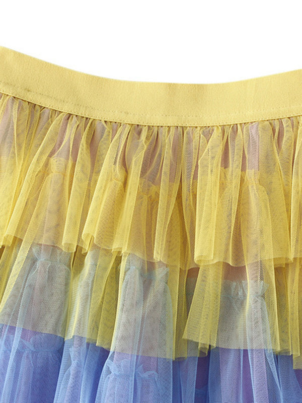 Contrast Color Elasticity Gauze Gradient Pleated Split-Joint Tiered A-Line High-Low Skirts