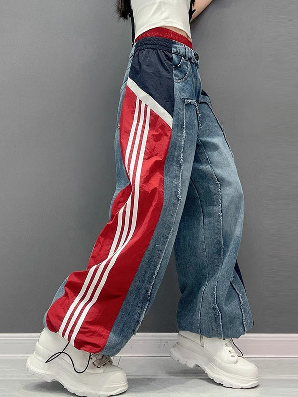 Contrast Color Drawstring Elasticity Fringed Split-Joint Loose Wide Leg Jean Pants Bottoms