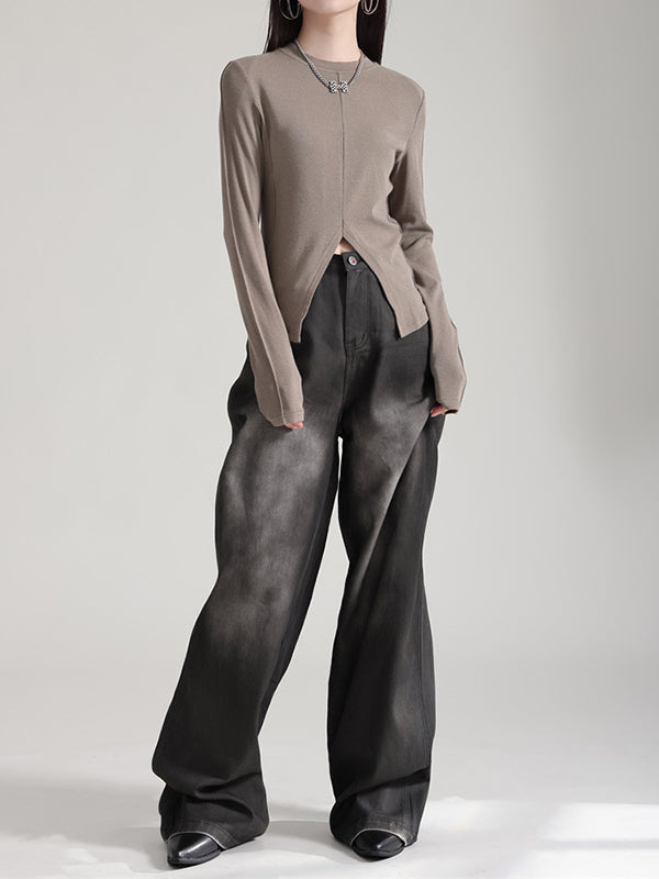 Solid Color Split-front Long Sleeves Skinny Round-neck T-Shirts Tops