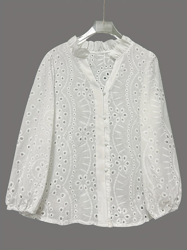 Buttoned Flower Shape Hollow See-Through Single-Breasted Solid Color Split-Joint Irregularity Long Sleeves V-Neck Blouses&Shirts Tops