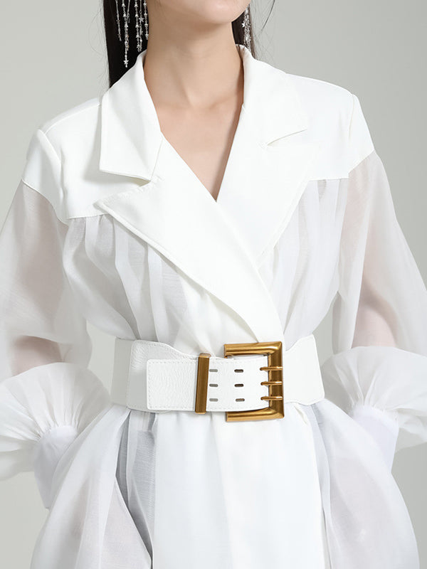 See-Through Split-Joint Tied Waist Loose Puff Sleeves Lapel Blouses&Shirts Tops