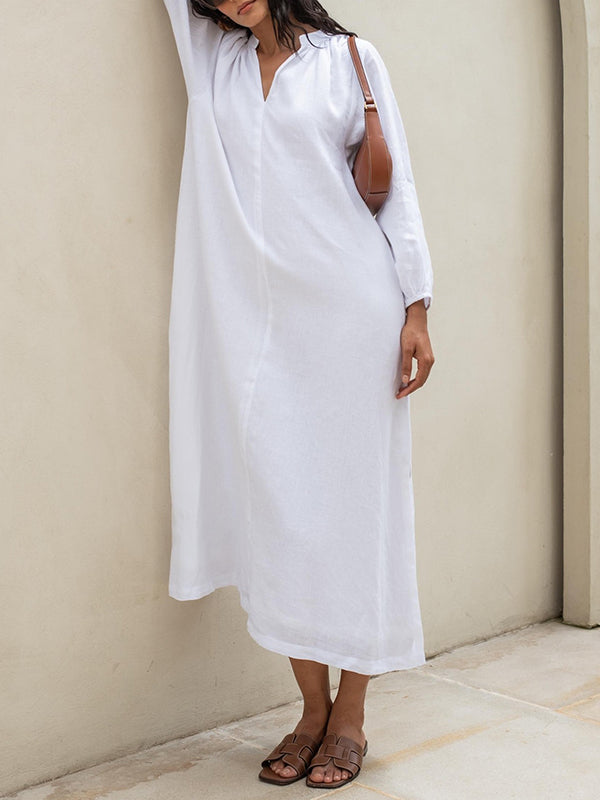 Pleated Solid Color Split-Joint Split-side Long Sleeves Loose Round-neck Shirt Dress Midi Dresses
