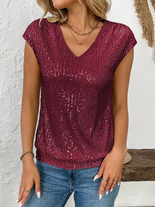 Sequined Shiny Batwing Sleeves Loose V-Neck T-Shirts Tops