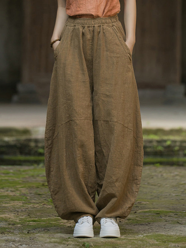 Elasticity Pockets Solid Color Split-Joint Loose Pants Cropped Trousers