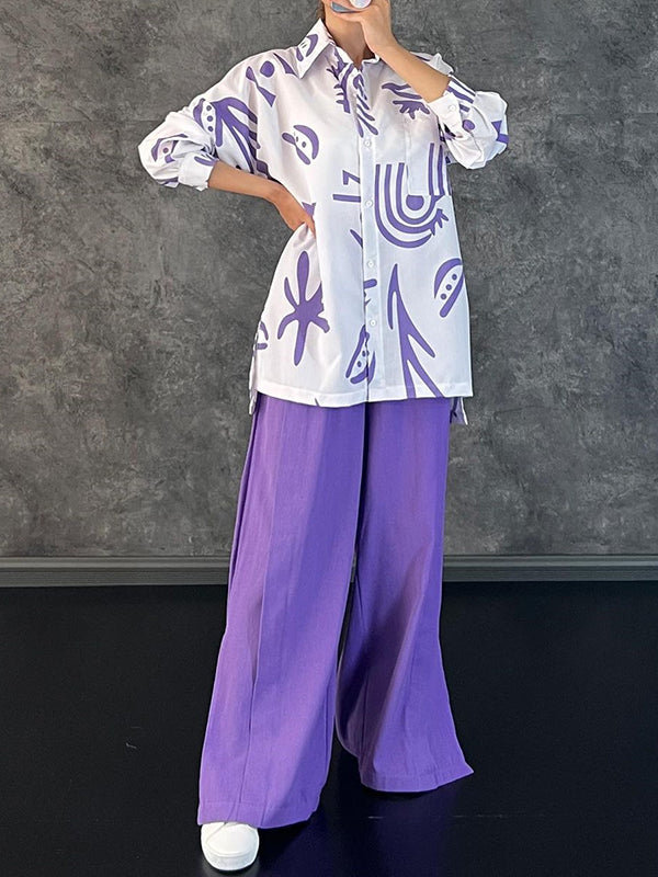 Lapel Printed High-Low Buttoned Pockets Blouse+ High Waisted Elasticity Pleated Split-Side Pants Two Pieces Set