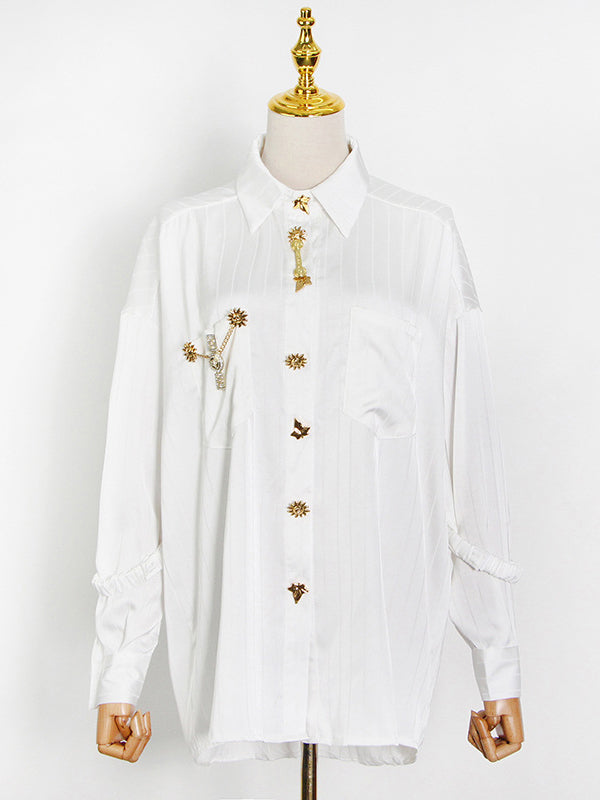 Striped Metal Button Lapel Loose Shirt Blouses