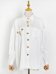 Striped Metal Button Lapel Loose Shirt Blouses