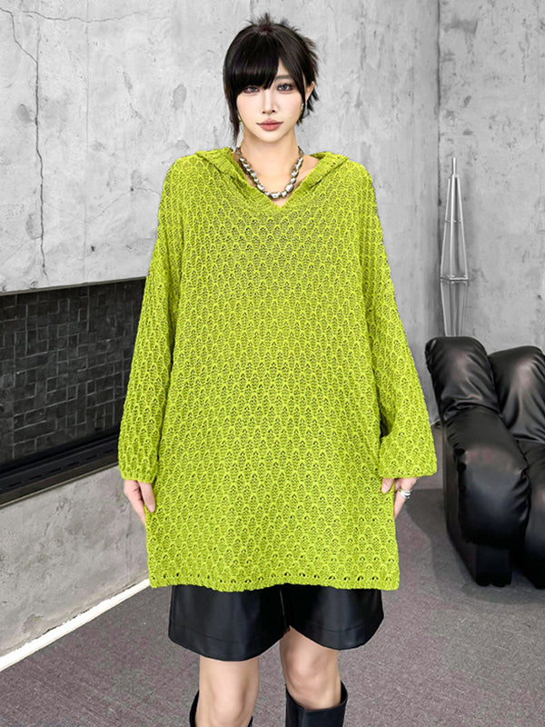 Hollow Solid Color Long Sleeves Loose Hooded Sweater Tops