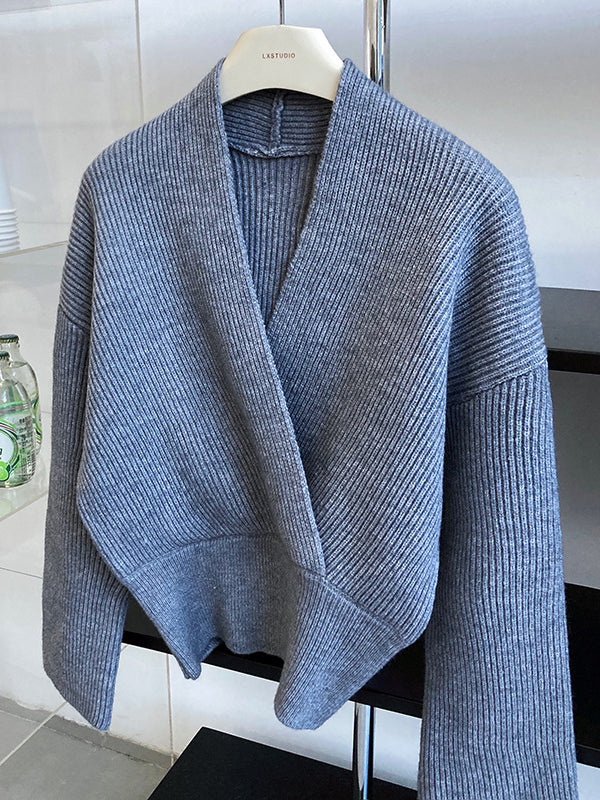 Casual Long Sleeves Loose Solid Color Cross V-Neck Sweater Tops