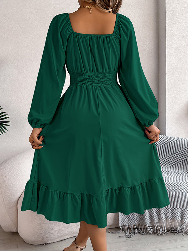 Pleated Ruffled Solid Color A-Line Elasticated Waist Square-Neck Midi Dresses