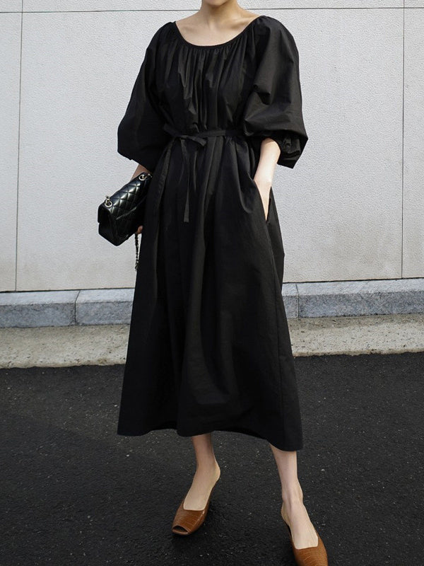 Original Casual Loose Solid Color Pleated Puff Sleeves Midi Dress