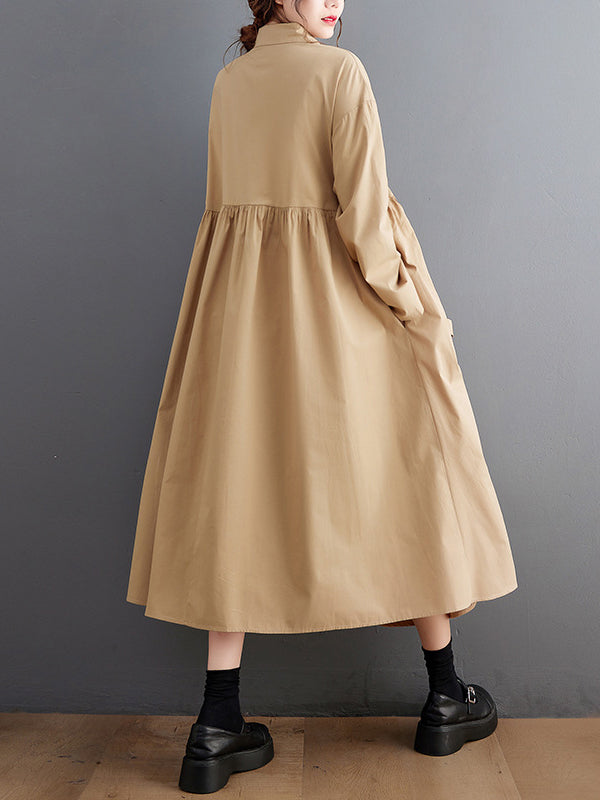 Buttoned Pleated Pockets Solid Color Tied A-Line Long Sleeves Lapel Shirt Dress Midi Dresses