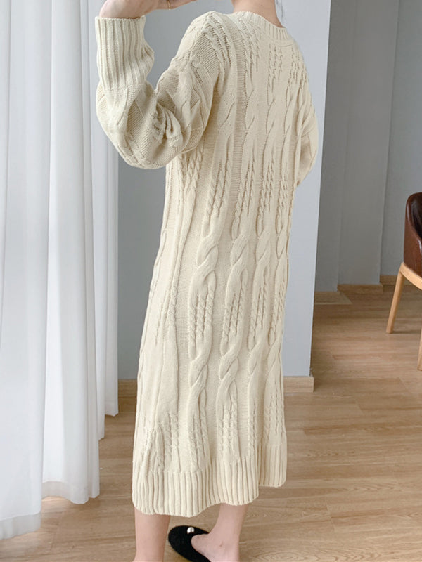 Simple Loose Long Sleeves Jacquard Solid Color Round-Neck Midi Dresses