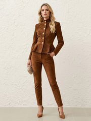 Buttoned Contrast Color Ruffled Split-Joint Elasticated Waist High Waisted Stand Collar Blouses&Shirts Tops Blazer
