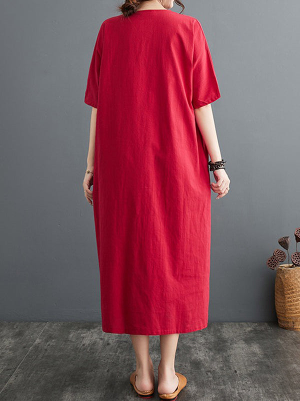 Chinese Frog Buttons Pockets Solid Color Split-Side A-Line Loose V-Neck Midi Dresses