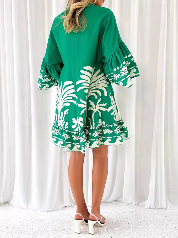 Flower Print Pleated Split-Joint A-Line Flared Sleeves V-Neck Mini Dresses