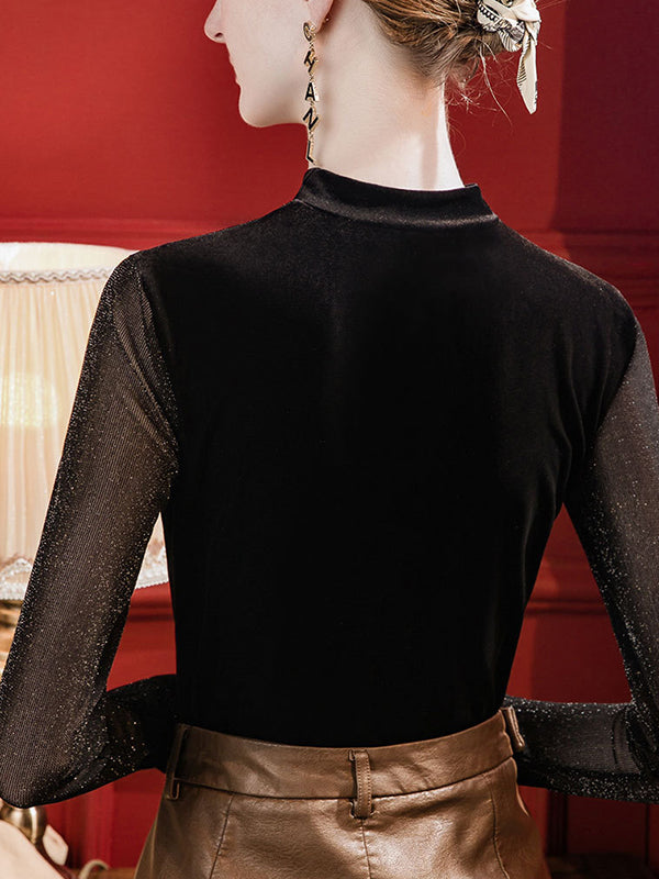 See-Through Split-Joint Velvet Long Sleeves Skinny Mock Neck T-Shirts Tops