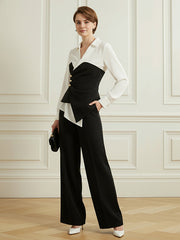 Elasticated Waist Irregularity Asymmetric Buttoned Contrast Color Split-Joint V-Neck Blouses&Shirts Tops