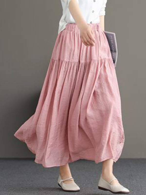 Casual Loose A-Line Pleated Elasticity Split-Joint Solid Color Skirts Bottoms