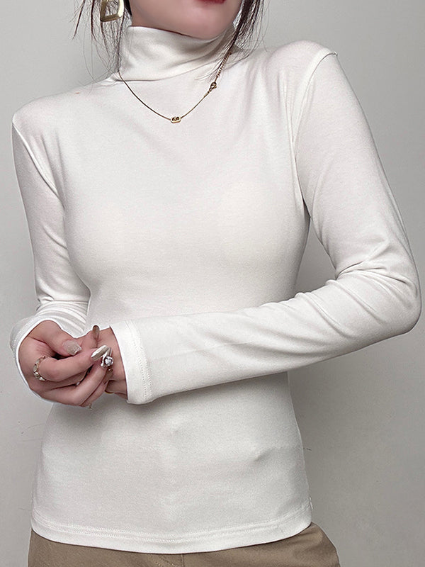 Solid Color Long Sleeves Skinny High Neck T-Shirts Tops