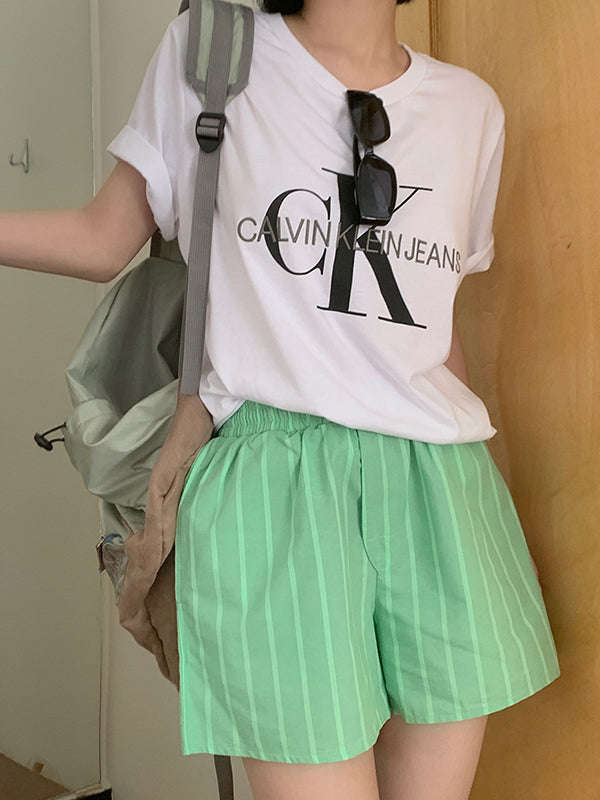 Elasticity Split-Joint Striped High Waisted Loose Shorts Bottoms