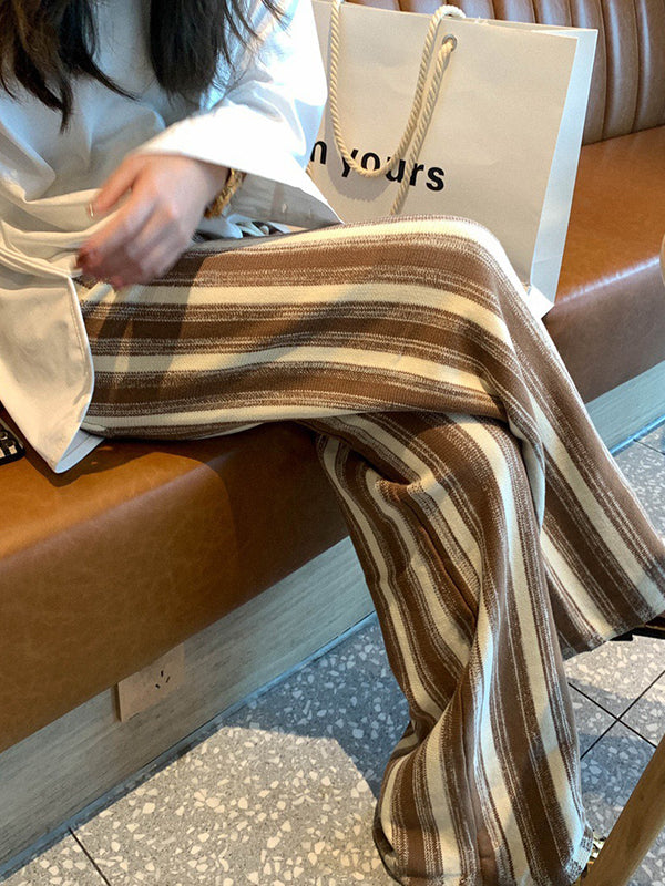 Casual Wide Leg Loose Drawstring Striped Pants