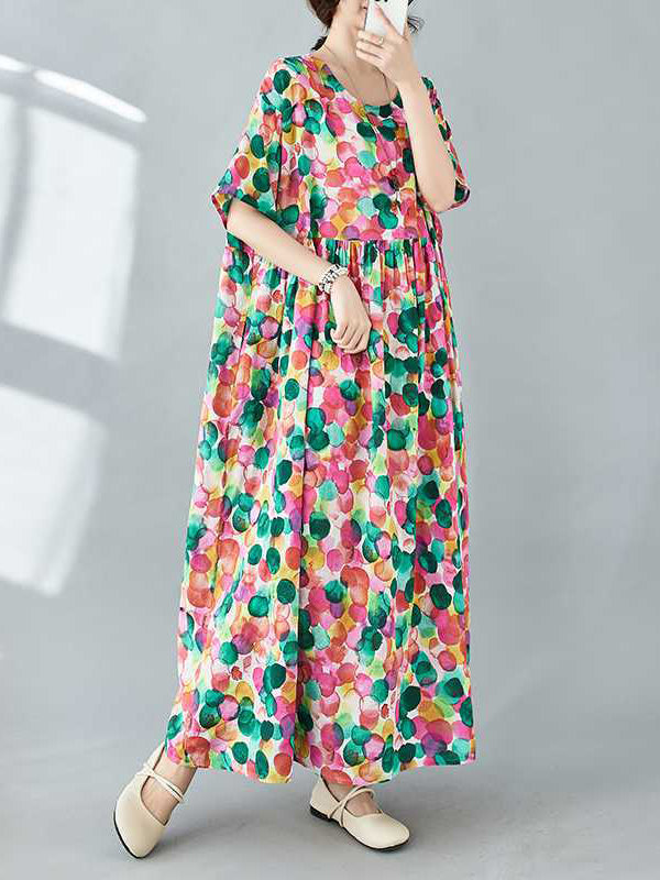 Pleated Polka-Dot Printed Split-Joint Half Sleeves Loose Round-Neck Midi Dresses