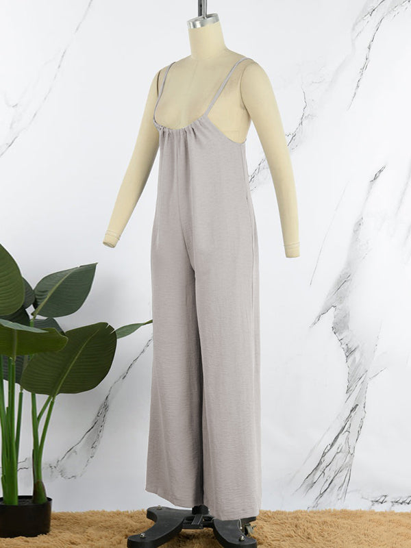 Solid Color Sleeveless Wide Leg Spaghetti-Neck Overalls