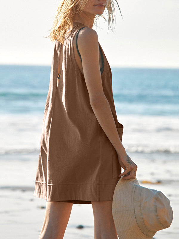 Pockets Solid Color Loose Sleeveless Round-Neck Rompers