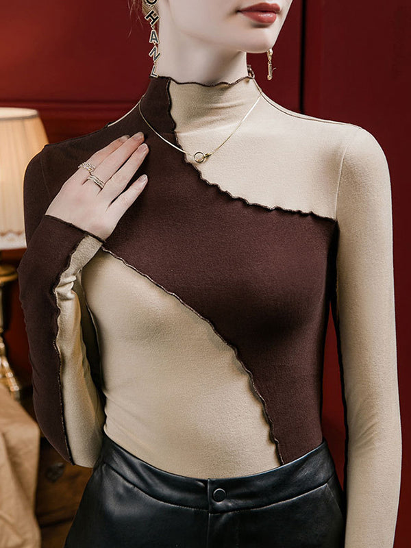 Contrast Color Ruffle Trim Split-Joint Long Sleeves Plus Size Mock Neck T-Shirts Tops