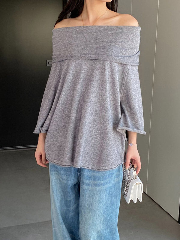 Solid Color Batwing Sleeves Flared Sleeves Off-the-shoulder Knit Top