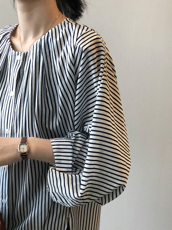 Trendy Tops Three-Quarter Sleeves Batwing Sleeves Striped Round-Neck Blouses
