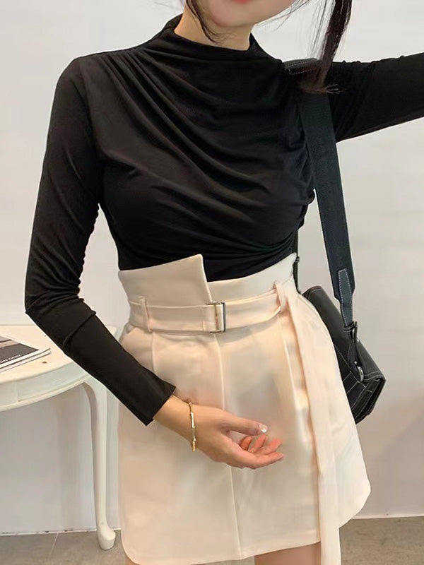 Pleated Solid Color Long Sleeves Skinny Mock Neck T-Shirts Tops