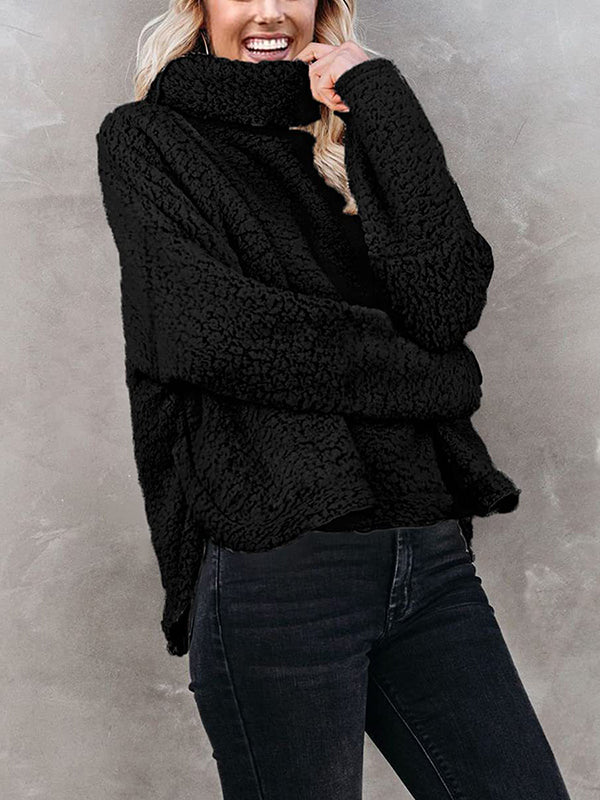 Solid Color Split-Joint Long Sleeves Loose High Neck Sweatshirt Tops