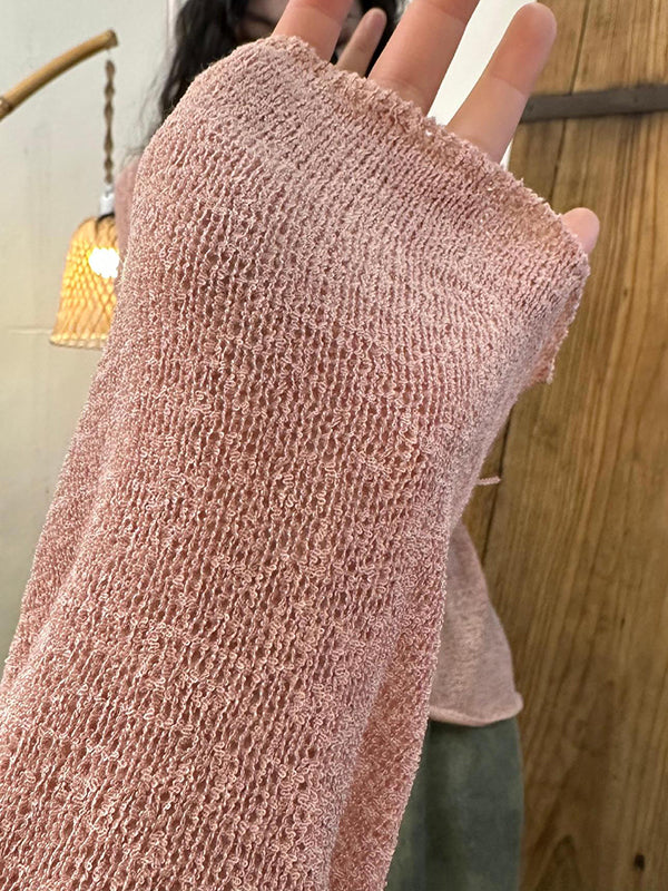 See-Through Solid Color Split-Joint Long Sleeves Loose Round-Neck T-Shirts Tops