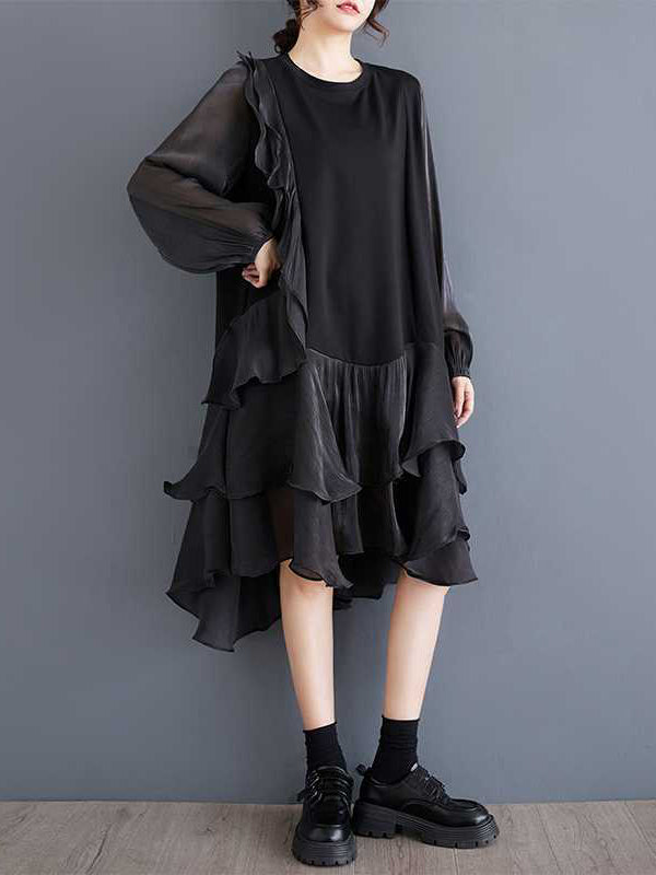 Contrast Color Ruffle Trim Split-Joint High-Low Long Sleeves Round-Neck Midi Dresses